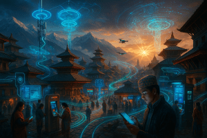 A digital painting of Kathmandu Valley blending traditional pagoda temples with futuristic 5G rollout towers, holographic AI displays, and locals using smart devices at dawn, against a backdrop of snow-capped mountains and a misty sunrise.
