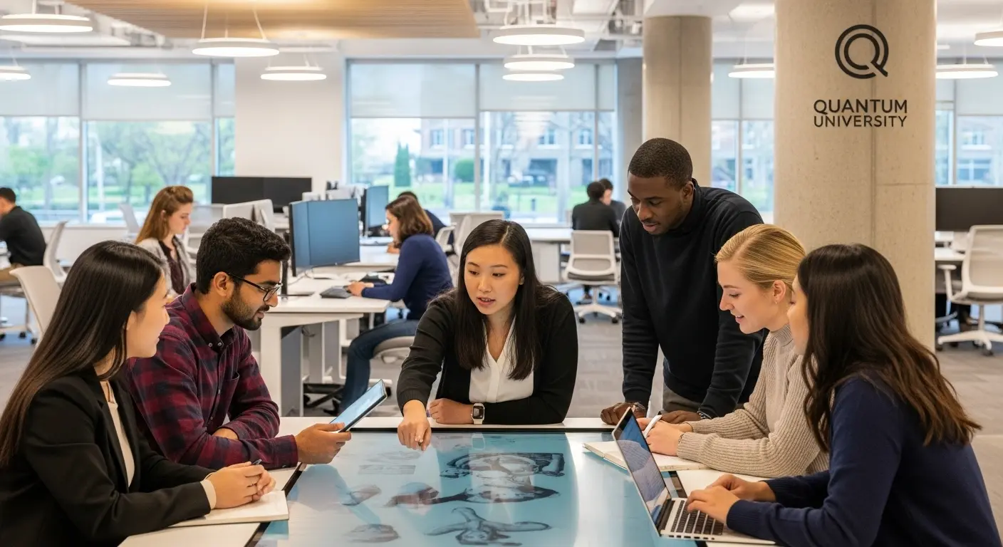 Students collaborating in a modern classroom, illustrating the impact of education SEO