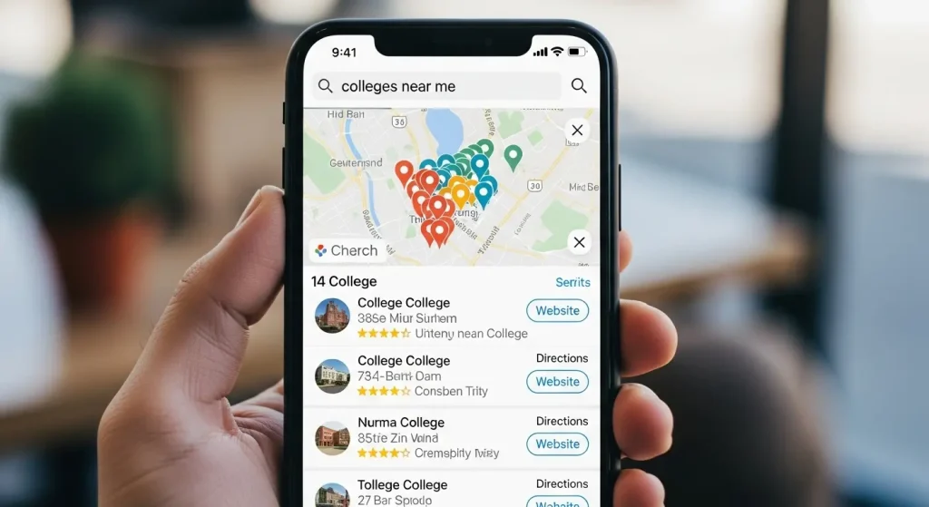 Smartphone screen displaying local SEO results for colleges in a specific city