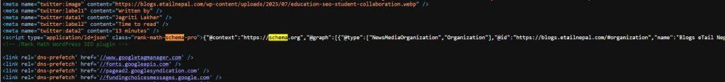 The HTML source code of a webpage with the JSON-LD script for schema.org markup highlighted.