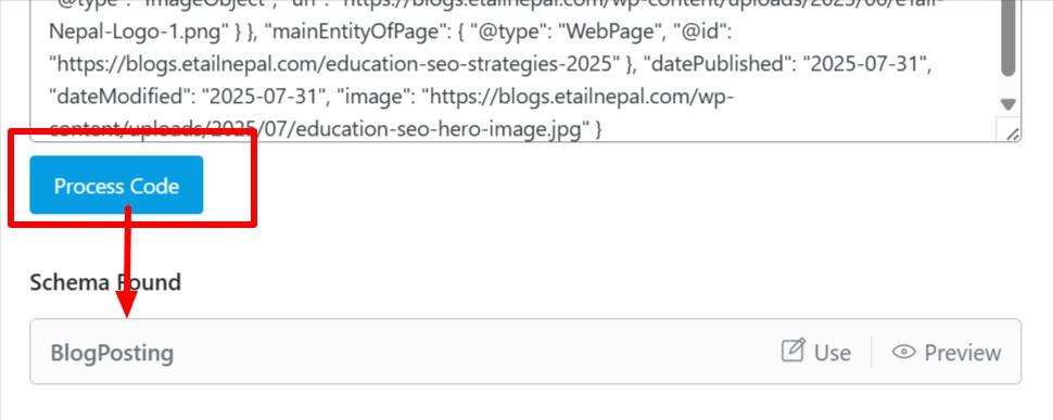  pasting the custom code, and Rank Math detecting the "BlogPosting" schema